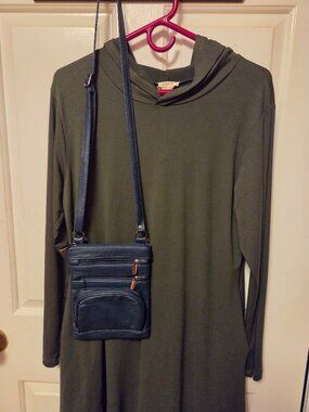 People grain Navy BLue Crossbody Bag& Olive Green Tunic Top.
